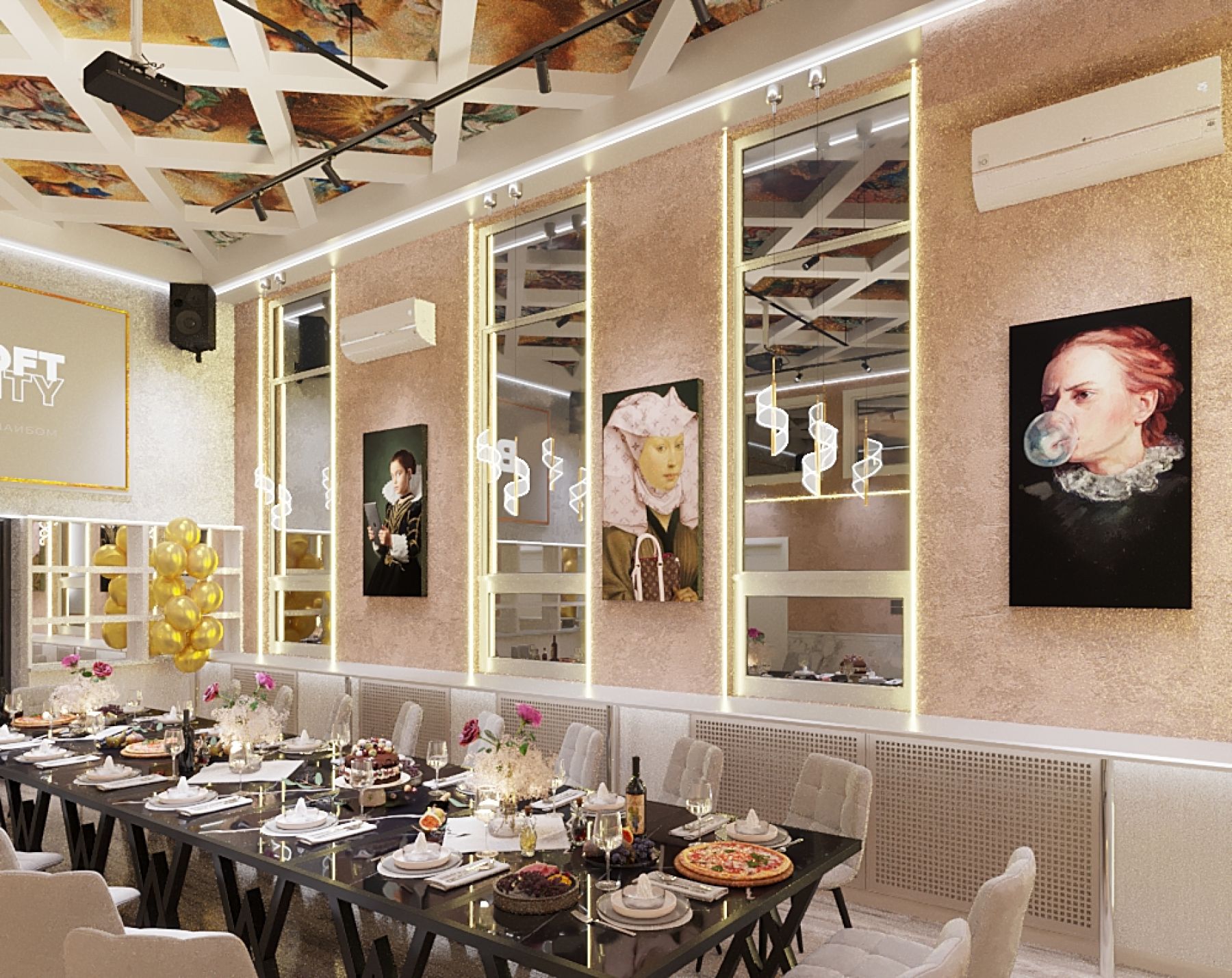 Зона для танцев с неоновой подсветкой в лофте