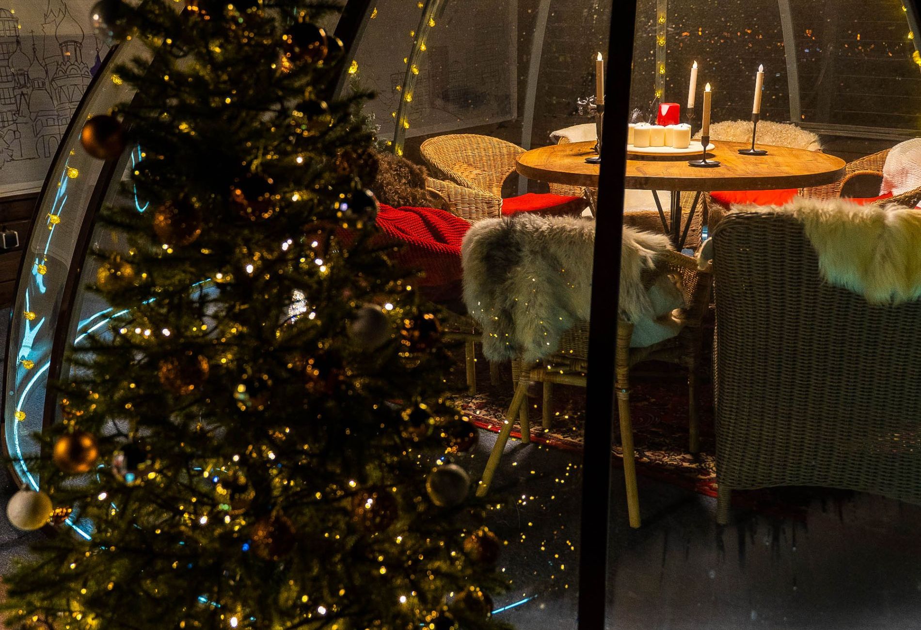 Интерьер иглу с электрическим камином и новогодней елью