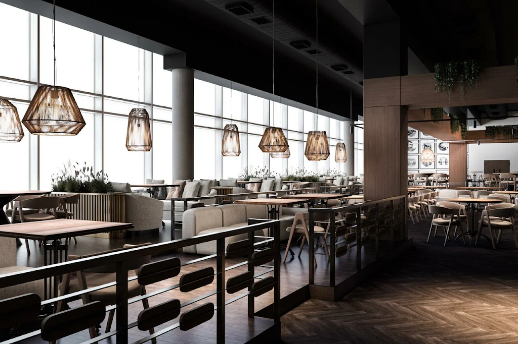 Интерьер ресторана с мягкими диванами и тюлем