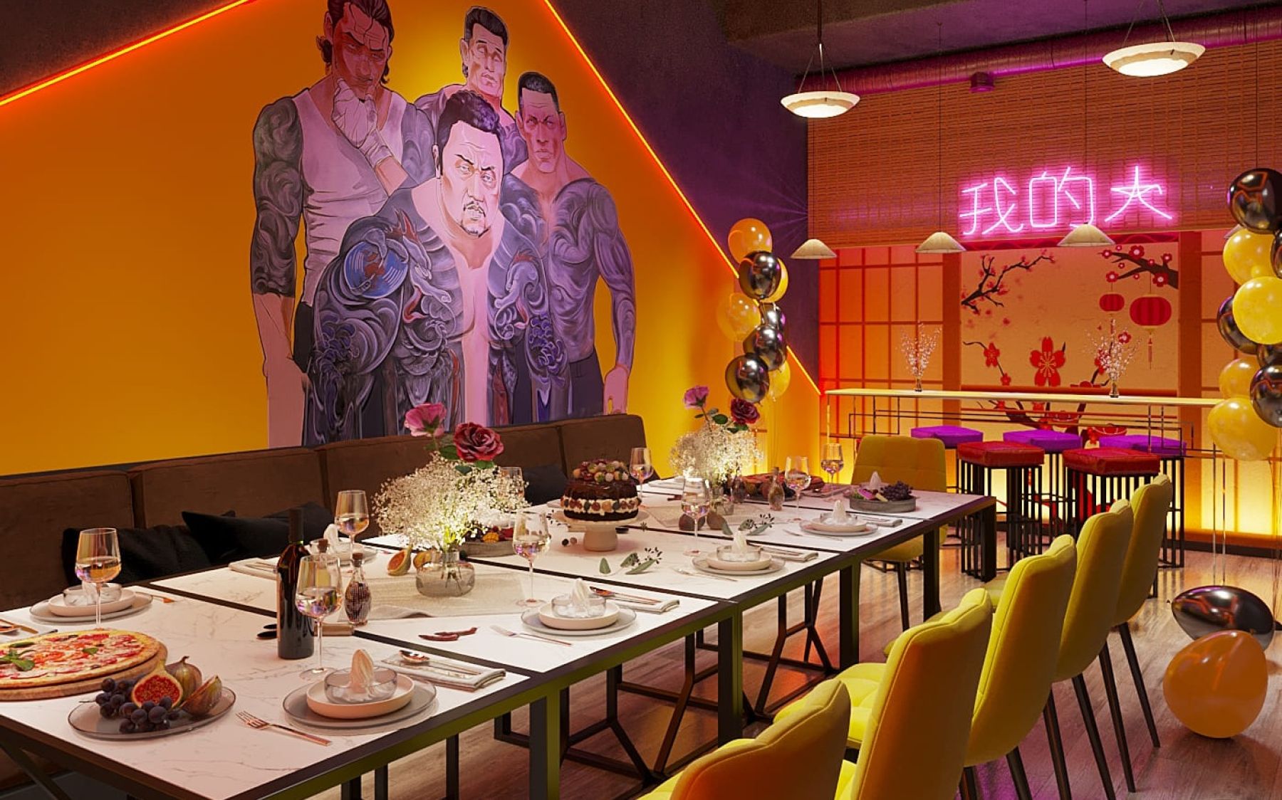 Лофт Якудза - интерьер с неоновой подсветкой