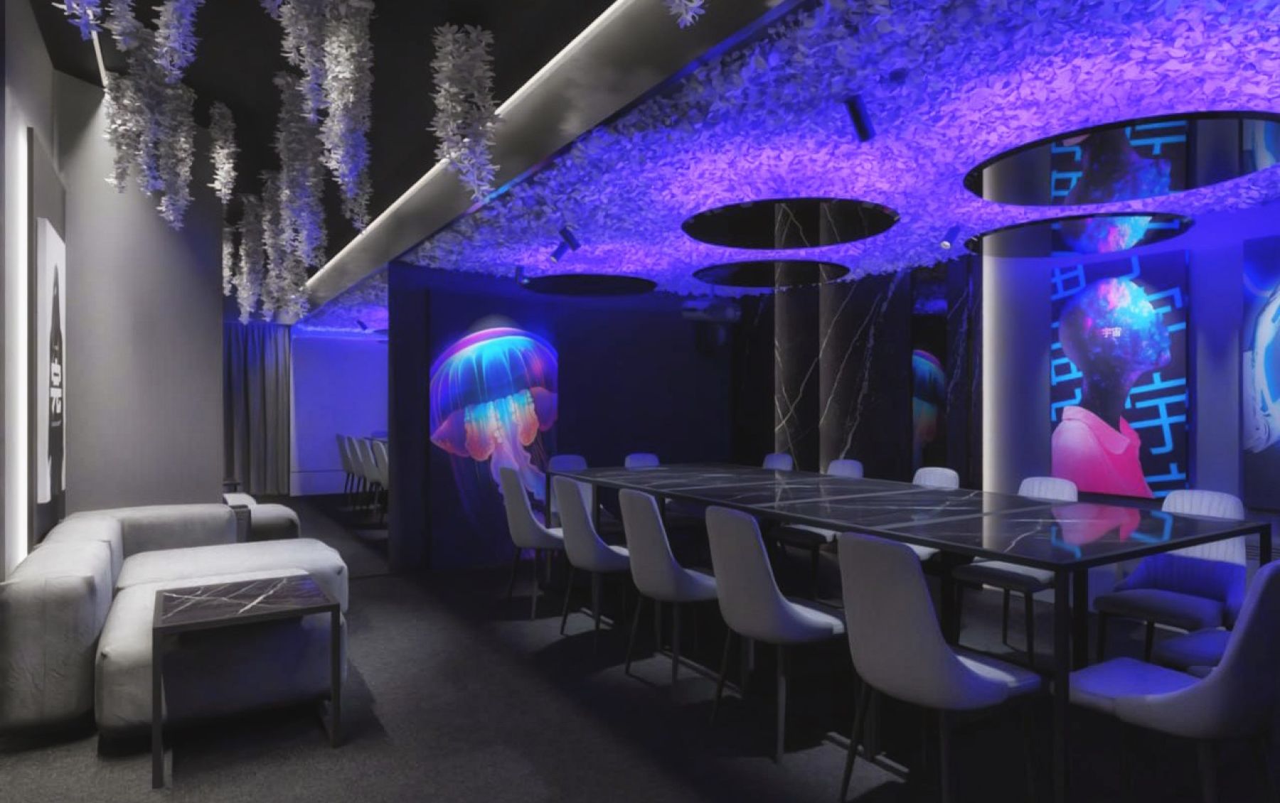 Дизайнерский лофт с неоновой подсветкой в Москве - общий вид