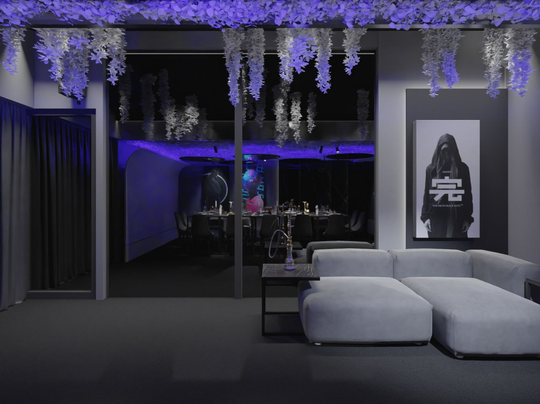 Светлая зона отдыха в лофте с неоновой подсветкой