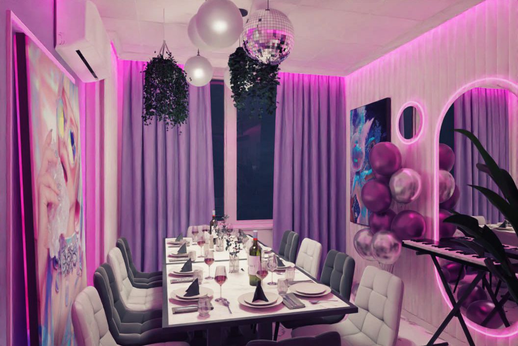 Интерьер чил лофта с неоновыми огнями