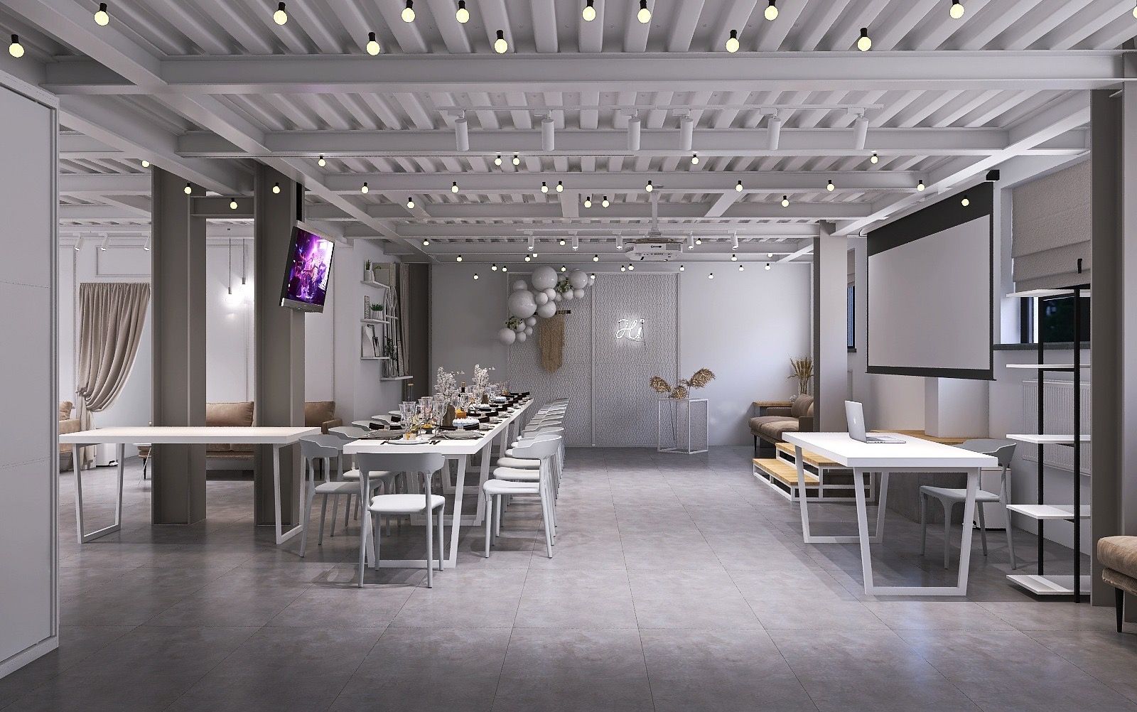 Белый зал лофта на Бауманской с барной стойкой