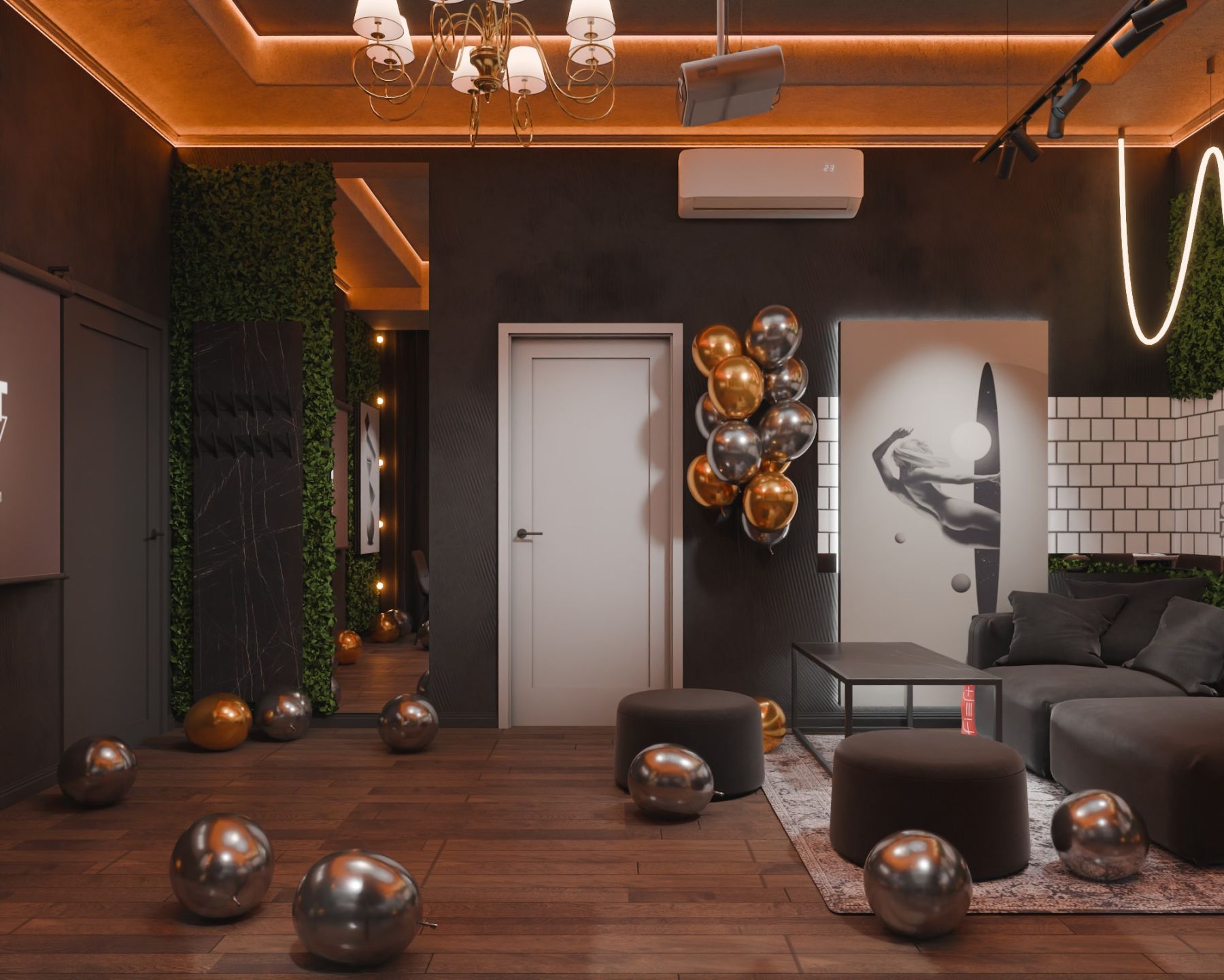 Лаундж-зона лофта с мягкой мебелью