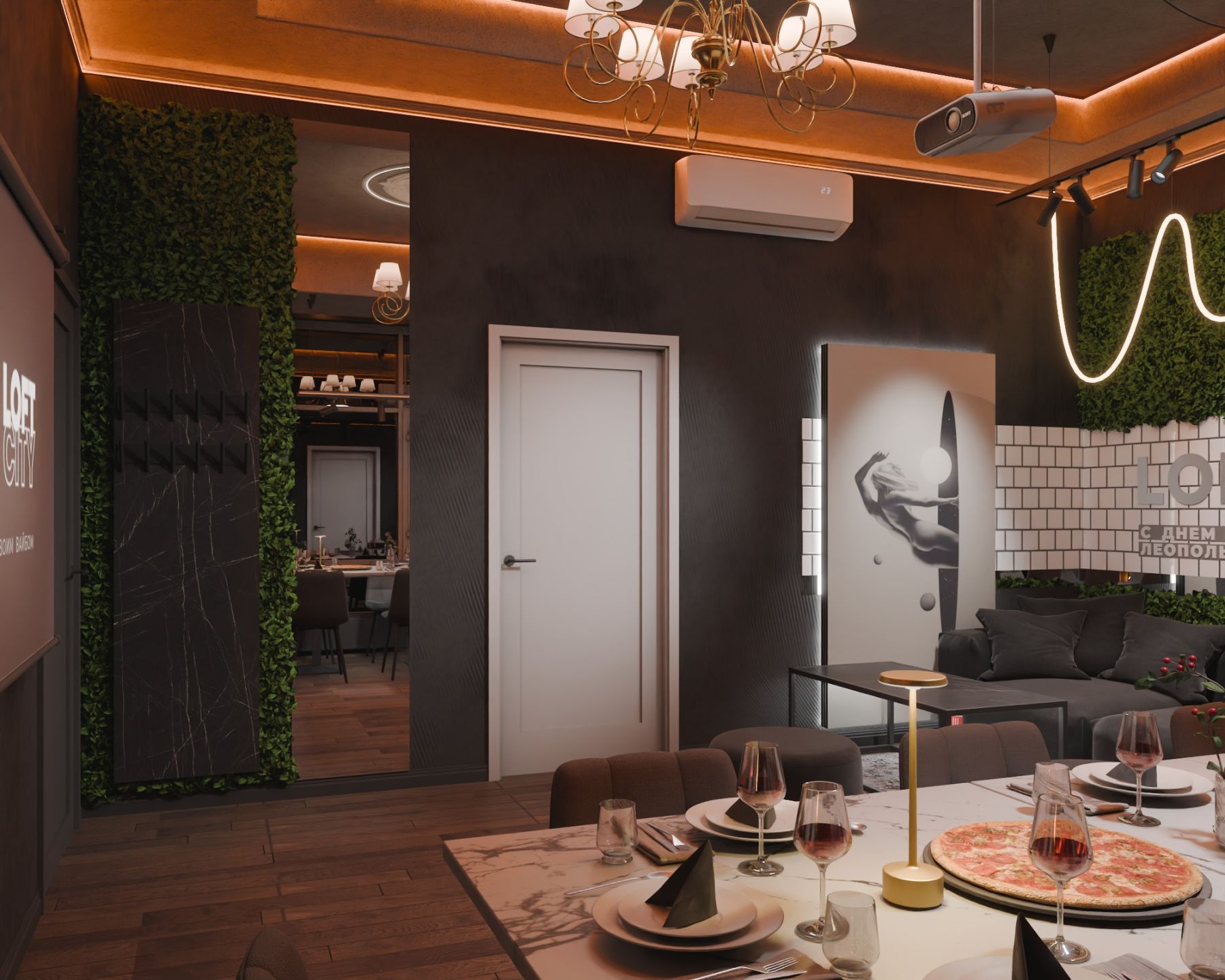 Панорамные окна в лофте с зелеными стенами