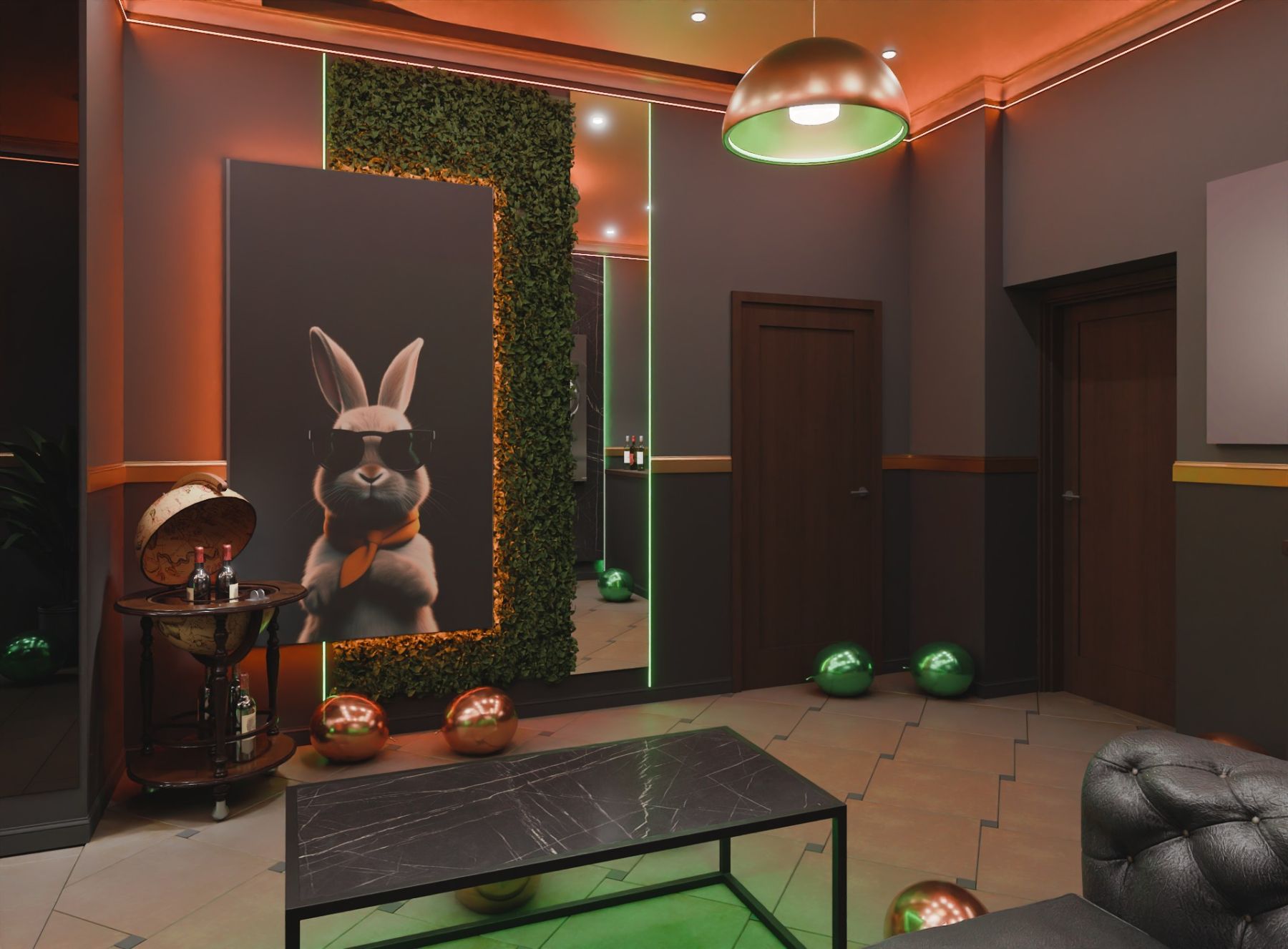 Лаундж-зона в лофте с мягкой мебелью