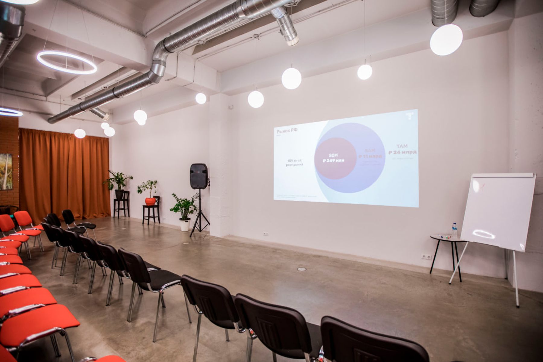 Зал лофта с профессиональной звуковой системой