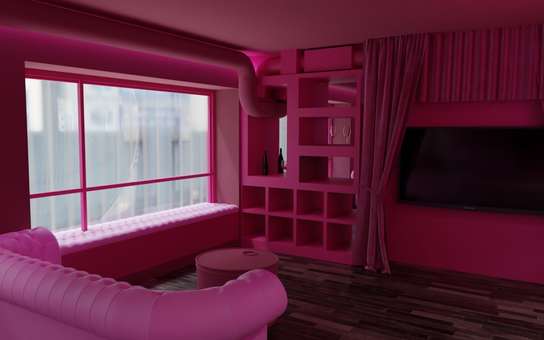 Розовый лофт для девичника с верандой на крыше