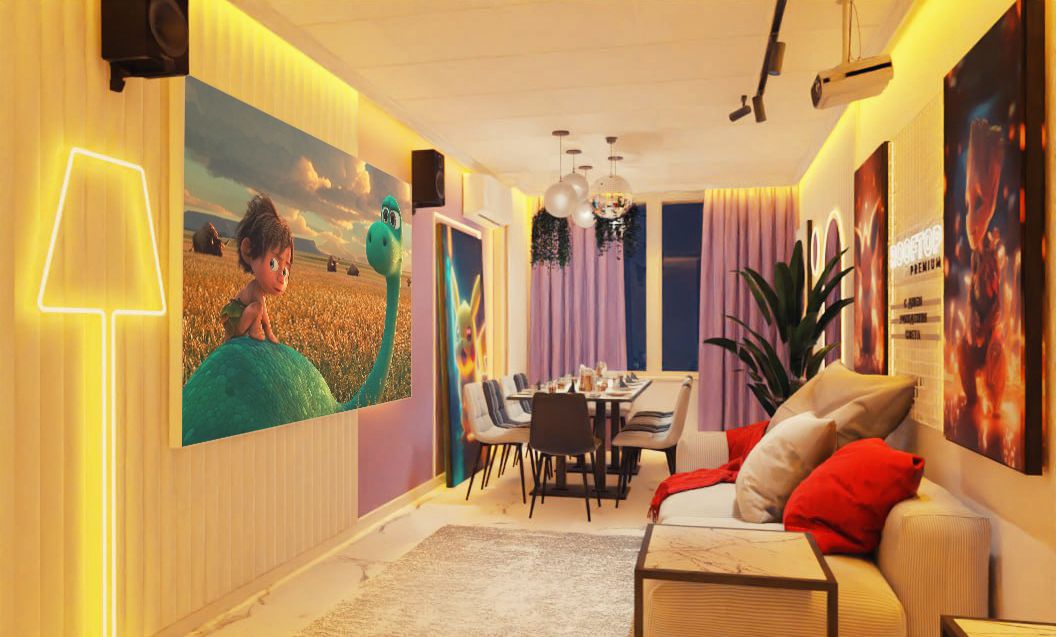 Лаундж-зона с мягкой мебелью в лофте для праздников